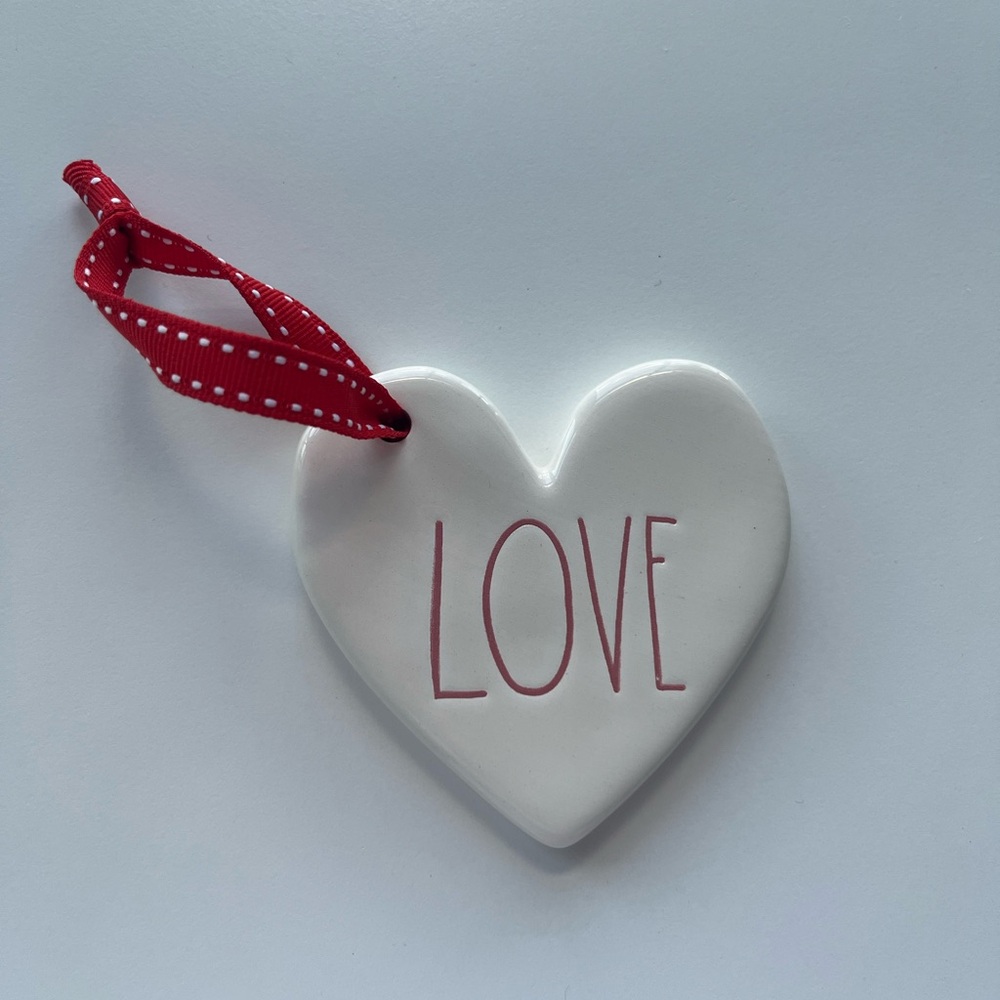 Rae Dunn LOVE heart-shaped  white Christmas ornament with red ribbon hanger